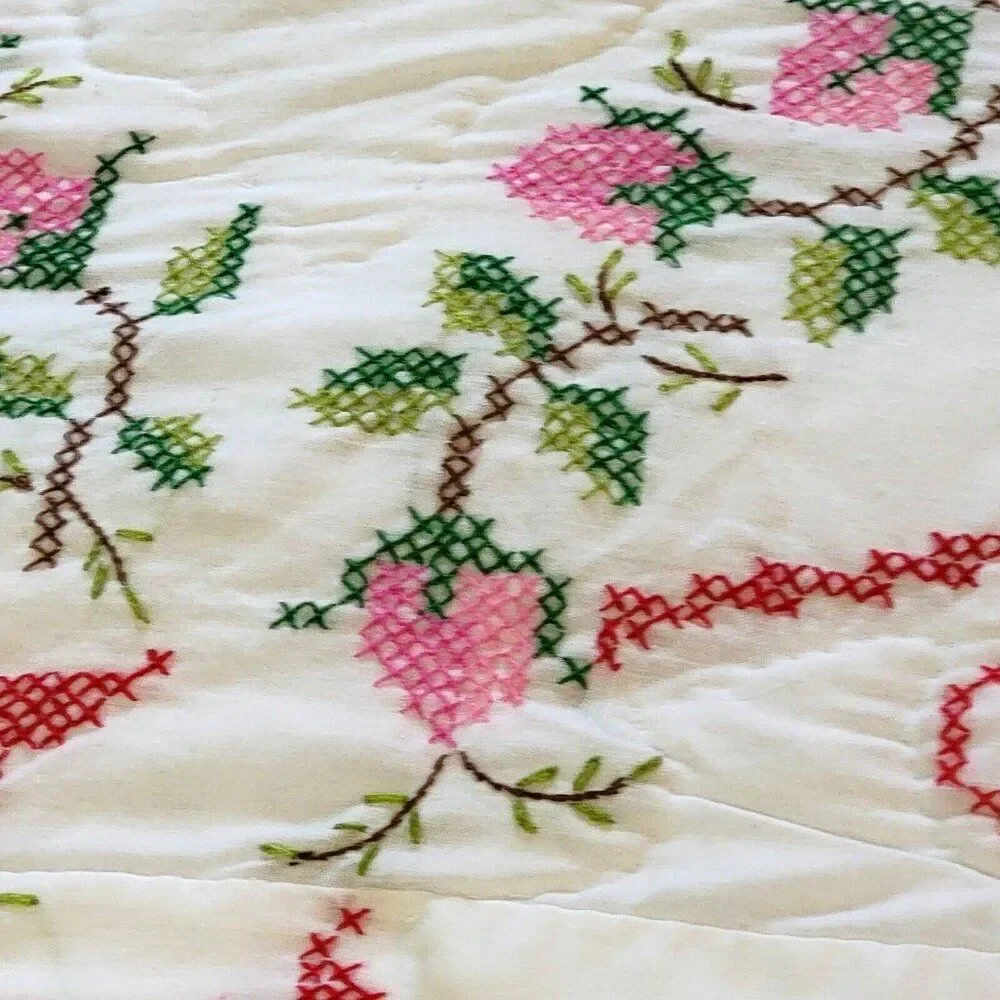 Vtg King Size Quilt Kit Bucilla Finished Handmade Cross Stitch Briar Rose 1930s